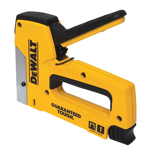 A yellow DEWALT heavy-duty hand stapler with a black handle, featuring the model number DWHTTR350 and durability branding on its side.