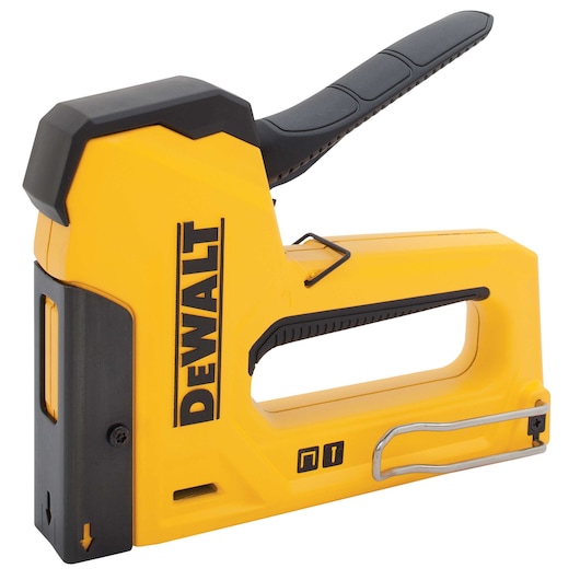 A yellow and black DEWALT heavy-duty staple gun, model DWHTTR350, with an ergonomic handle and a metal clip on the side.