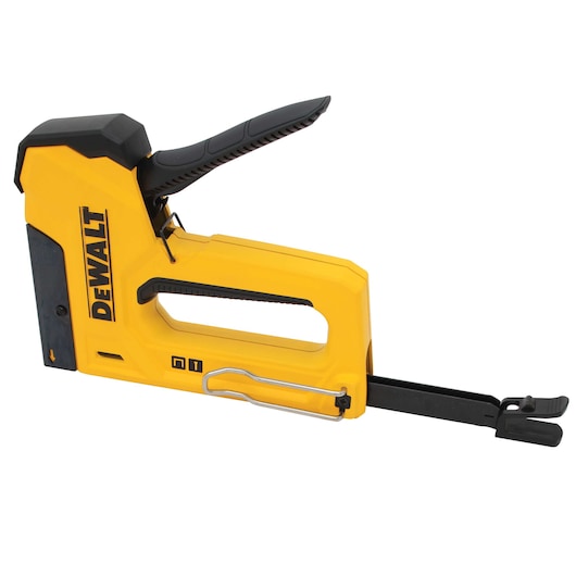 A DEWALT DWHTTR350 heavy-duty yellow and black stapler tool with an ergonomic handle, designed for construction and DIY projects.