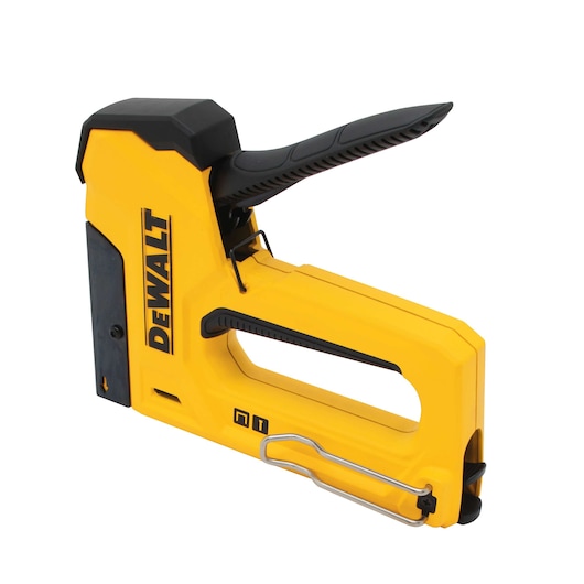 A yellow and black DEWALT manual staple gun, model DWHTTR350, shown against a white background. The tool has an ergonomic black handle and a visible metal clip on the lower section.