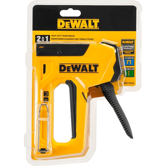 DEWALT heavy-duty tacker/nailer in yellow and black packaging, model DWHTTR350, displayed in a clear plastic case.