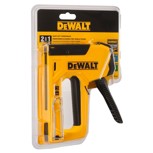 A packaged DEWALT heavy-duty tacker/nailer, model DWHTTR350, in yellow and black color, visible in clear plastic packaging.