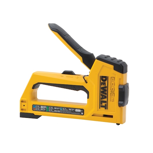 Yellow and black DEWALT heavy-duty stapler with ergonomic handle, shown in a side view against a white background.
