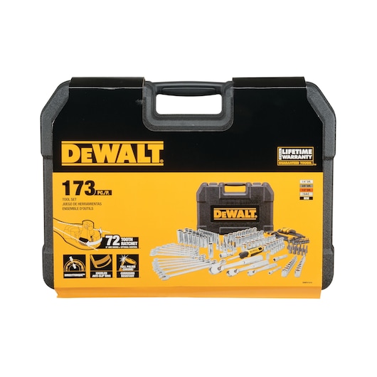 Front view of a DEWALT branded tool set case with yellow and black color scheme. The case advertises 173 pieces, including various wrenches, ratchets, and sockets. Features such as 72 tooth ratchet, lifetime warranty, and anti-slip design are highlighted on the packaging.