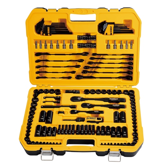 A yellow DEWALT tool case open to display a comprehensive set of hand tools, including ratchets, sockets, hex keys, screwdrivers, and various bits, all organized neatly in molded compartments.