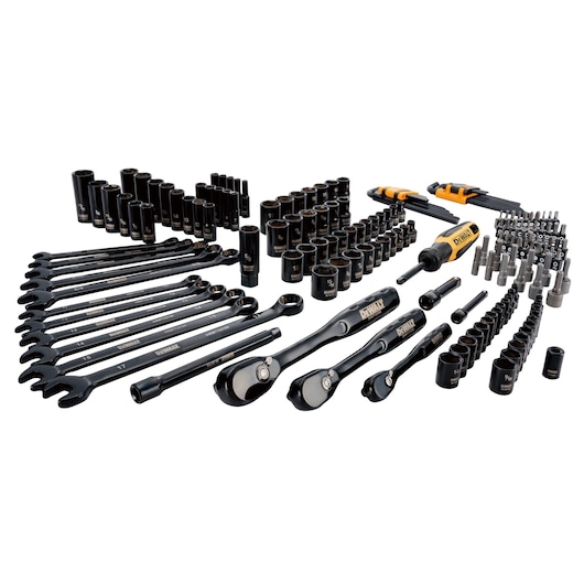 A DEWALT mechanics tool set with various wrenches, ratchets, sockets, screwdrivers, hex keys, and bits arranged on a white background.