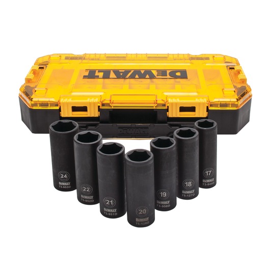 Profile of DEWALT 7 piece drive deep impact metric socket set with its case.