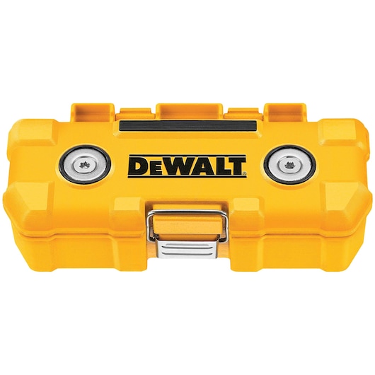 A yellow DEWALT branded hard plastic case with metal latches and reinforced corners, designed for secure storage.
