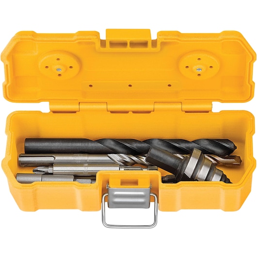 A yellow DEWALT case containing various drill bits and screwdriver bits neatly organized inside.
