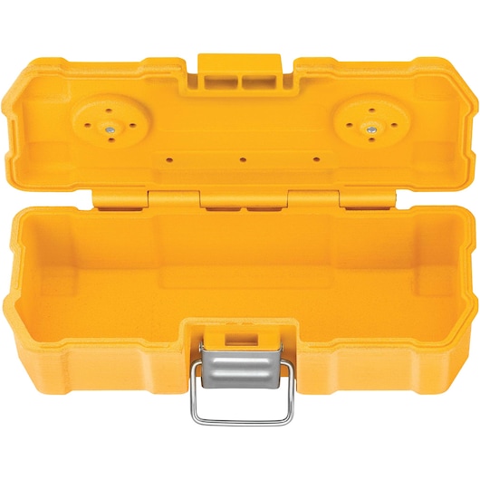 An open yellow hard plastic carrying case with a metal latch, designed to hold small tools or accessories. The interior is empty and has molded compartments.