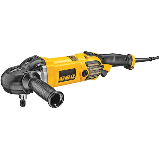 A yellow and black DEWALT electric power tool, specifically a polisher with a side handle and corded design, model DWP849X.