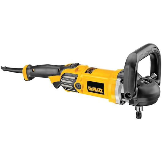DEWALT DWP849X variable speed polisher in yellow and black colors with an ergonomic handle and a D-shaped side handle, designed for automotive and woodworking detailing.