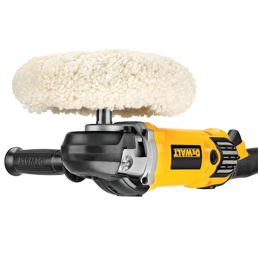 DEWALT DWP849X electric polisher with large wool buffing pad and ergonomic side handle, shown against a white background.