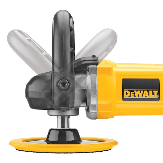 Close-up view of a DEWALT DWP849X variable speed rotary polisher with adjustable side handle, featuring the yellow body and branded logo.