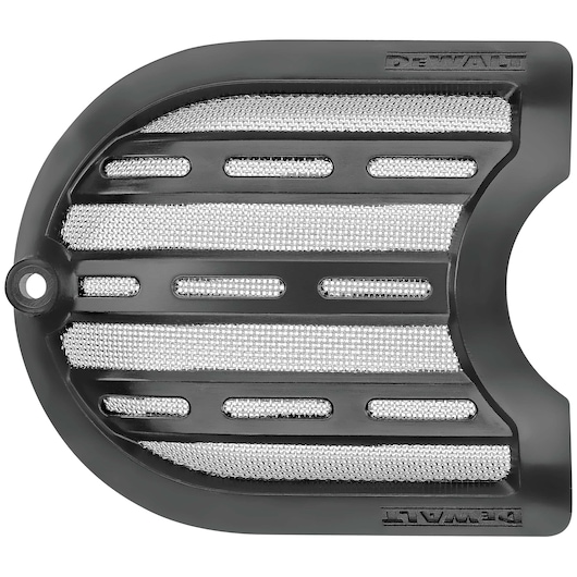A close-up image of a curved black plastic and metal mesh component with slotted vent openings, branded with DEWALT, likely used as a protective cover or filter for a power tool.