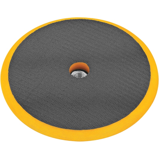 A close-up image of a round DEWALT polishing pad with a black textured surface and a yellow outer edge, featuring a central hole for attachment.