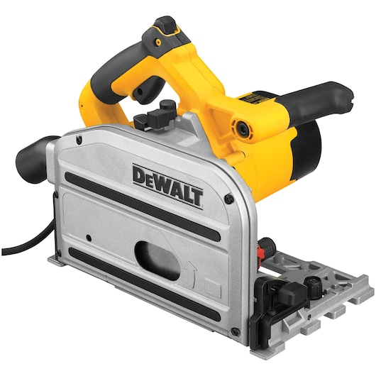 A DEWALT branded plunge track saw, model DWS520K, featuring a silver and yellow design with black accents. The saw is used for precise cutting of wood and other materials.