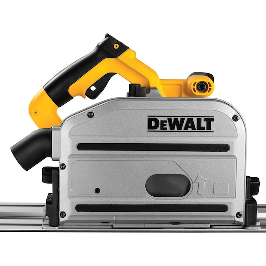 A close-up image of a DEWALT track saw with a silver and black body and a yellow handle, shown mounted on a metal guide rail.