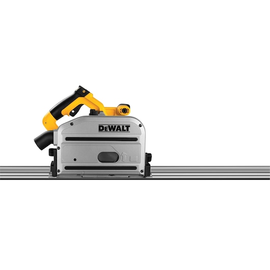 A DEWALT DWS520K track saw with a silver and yellow design, shown resting on a metal guide rail against a white background.