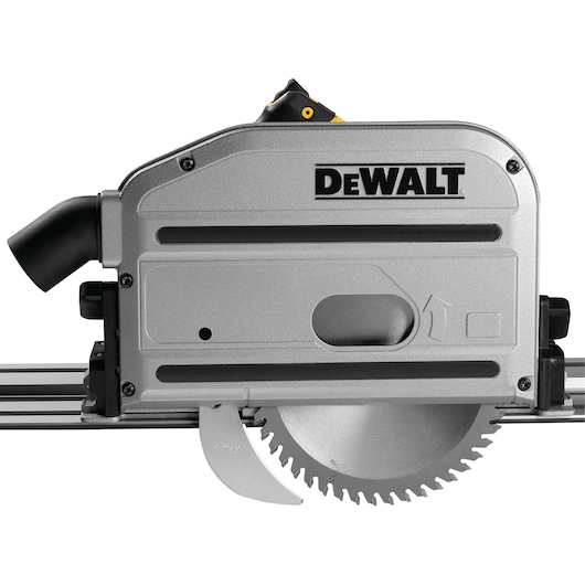 Close-up image of a DEWALT DWS520K track saw, showing the metallic body, circular saw blade, and black dust extraction port. The DEWALT branding is visible on the side.