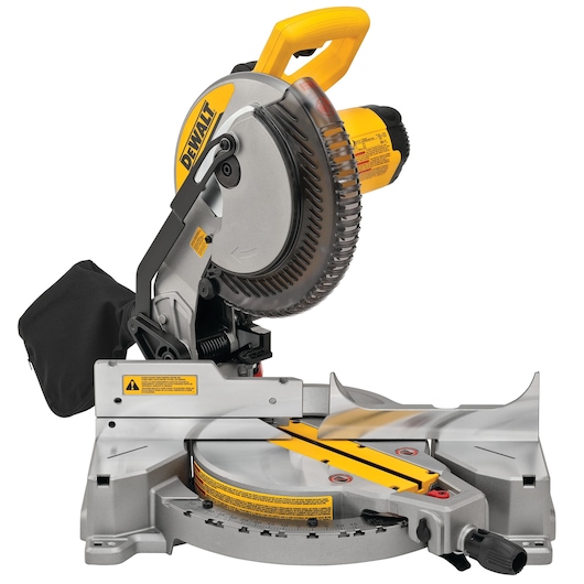 A DEWALT branded miter saw with a yellow and silver design, featuring a circular blade, adjustable base, and protective guard. The saw also has a black dust bag attached to the rear.