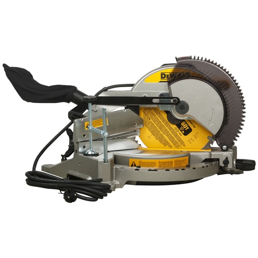 A DEWALT DWS715 compound miter saw, featuring a yellow blade and a sturdy metal base, with a black dust collection bag and cord visible.