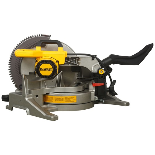 A DEWALT DWS715 miter saw placed against a white background, showing its blade, handle, and dust collection attachment.