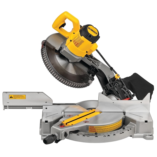 A DEWALT DWS715 compound miter saw with a yellow and black handle, circular blade, and adjustable base for precise cutting of wood and other materials.