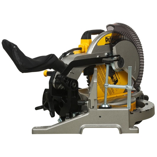 A DEWALT DWS715 miter saw in silver and yellow, featuring a circular blade, dust bag, and adjustable base, designed for woodworking and precise cutting tasks.