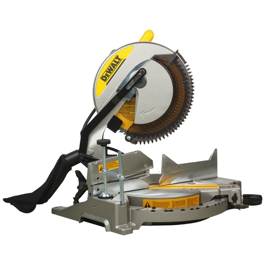 A DEWALT DWS715 compound miter saw with a yellow and silver color scheme, designed for precise wood cutting. The saw blade is partially covered by a transparent safety guard, and the base features angle adjustment controls and a dust collection bag.