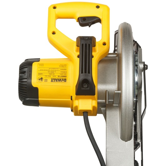 Close-up image of a DEWALT DWS715 power tool, showcasing its yellow handle, motor, and blade area from a top angle.