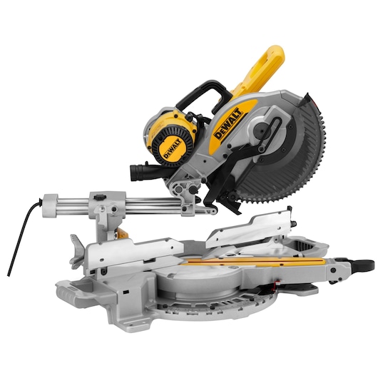 A DEWALT sliding compound miter saw with a yellow handle and blade guard, mounted on a metallic base, used for precise wood cutting.