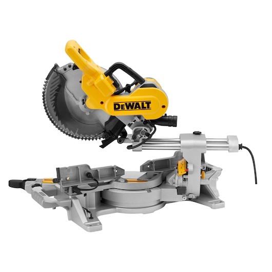 A DEWALT branded sliding compound miter saw with a yellow and gray design, showing the circular saw blade, adjustable arm, and power cord.