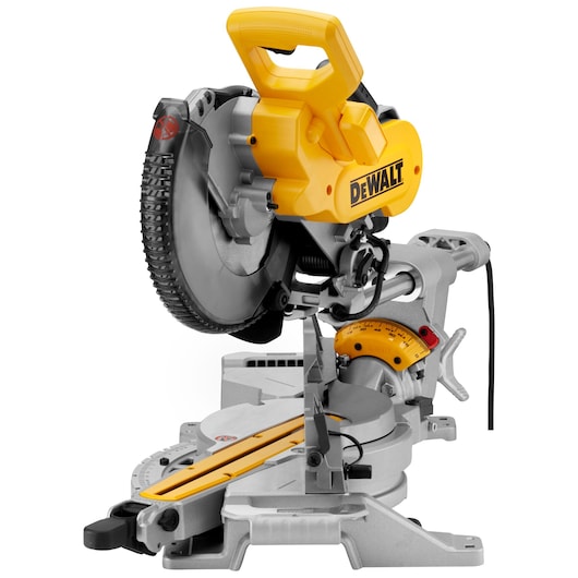 A DEWALT DWS727 sliding compound miter saw, featuring a yellow and black design, shown on a white background.