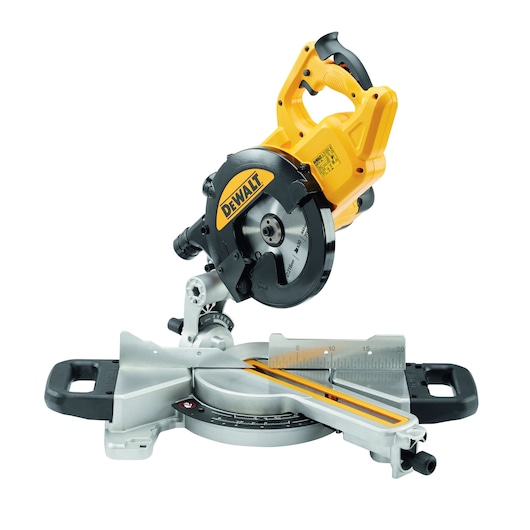 A DEWALT DWS774 yellow and black miter saw designed for precise wood cutting, shown on a white background.