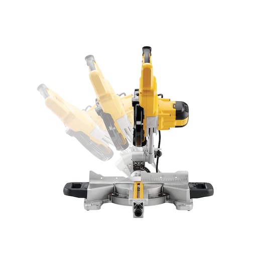 A DEWALT DWS774 miter saw shown from the front, with motion blur illustrating the adjustable angle of the saw's cutting arm, featuring a yellow and black main body and a silver metallic base with angle markings.