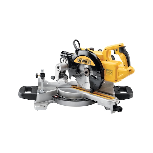 A DEWALT DWS774 sliding compound miter saw with a yellow and black body, featuring a circular blade and ergonomic handles, placed on a white background.