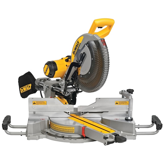 A DEWALT DWS780 sliding compound miter saw with a yellow and black design, featuring a circular saw blade, adjustable fence, and dust collection bag.