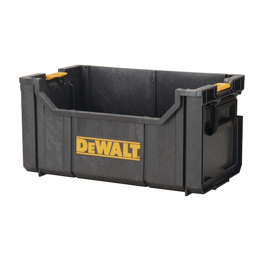 A black plastic DEWALT storage bin with yellow handles and the DEWALT logo on the front. The container is open at the top and is designed for storing tools or equipment.