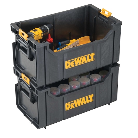 Two stacked DEWALT black storage boxes with yellow accents, containing various tools and small parts. The top box holds a drill, screwdrivers, and other items, while the lower box has several transparent containers.