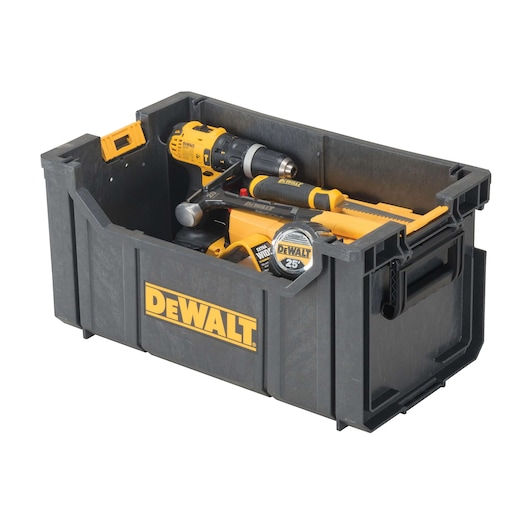 A black DEWALT tool storage box filled with various tools, including a yellow drill, hammer, measuring tape, and other hand tools.
