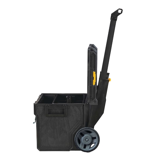 A black DEWALT rolling tool box with an open lid, extendable handle, and large wheels, shown from the side.