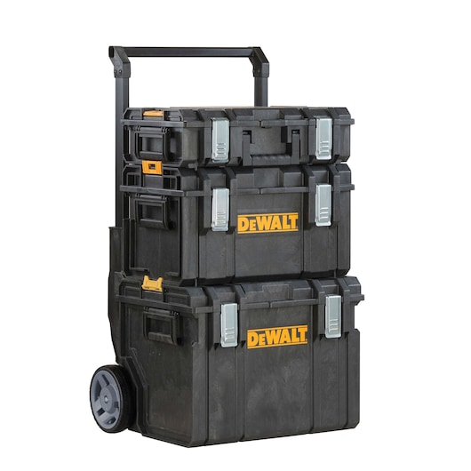 A stack of three black DEWALT toolboxes with yellow logos, mounted on a wheeled trolley with a telescoping handle.