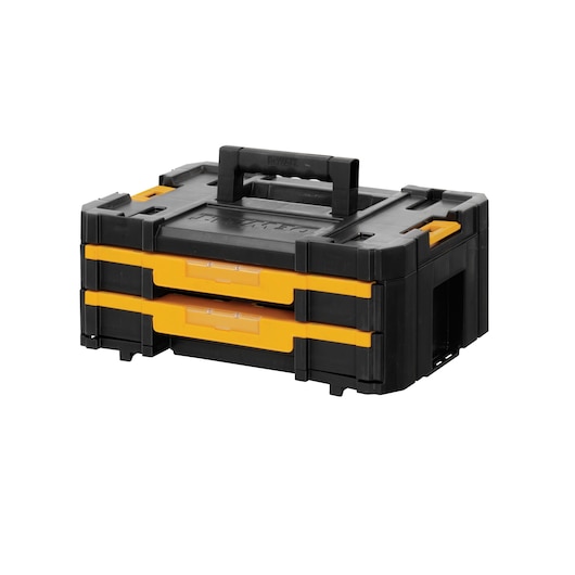 Black and yellow DEWALT toolbox with two drawers and a handle, designed for secure tool storage and transport.