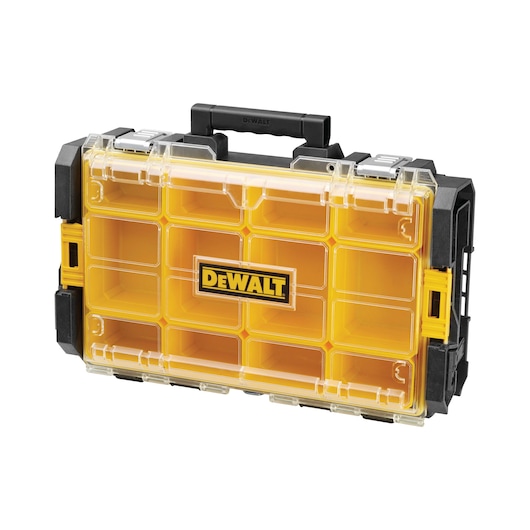 A DEWALT branded yellow and black plastic organizer case with a clear lid, multiple compartments, and a black handle. The case is designed for storing small tools, hardware, or accessories.