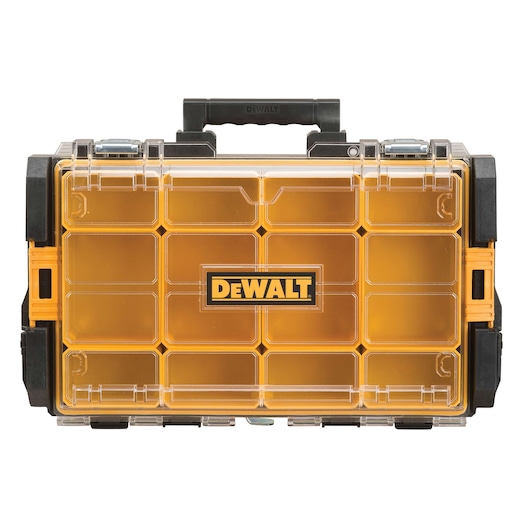 Front view of a DEWALT DWST1-75522 plastic organizer case with a transparent lid, yellow compartments, and a black handle on top.