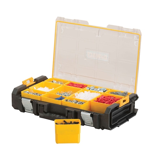 A DEWALT organizer box with a transparent lid, featuring multiple yellow compartments filled with assorted screws, wall plugs, and fasteners. One small yellow compartment is removed and placed in front of the box.