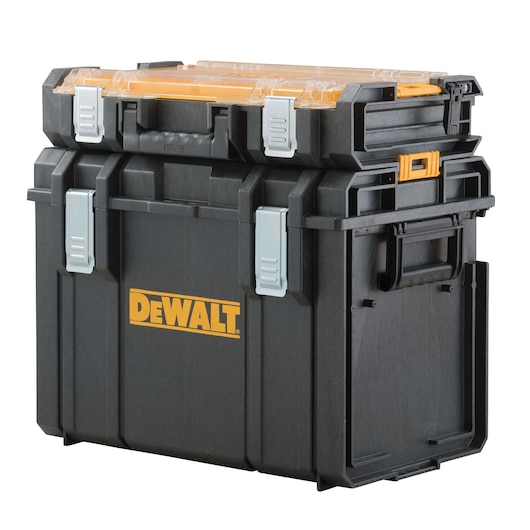 A DEWALT branded black and yellow stackable toolbox with metal latches and a plastic handle, suitable for organizing tools and hardware.