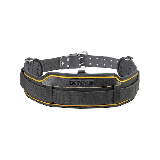 A black padded tool belt with yellow trim and the DEWALT logo in the center. The belt has metal rivets and adjustable buckle for fastening.