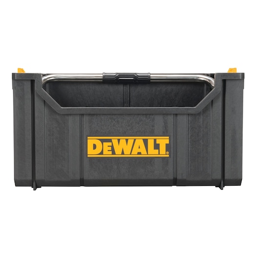 A black DEWALT tool storage box with a metal handle, featuring the yellow DEWALT logo on the front.